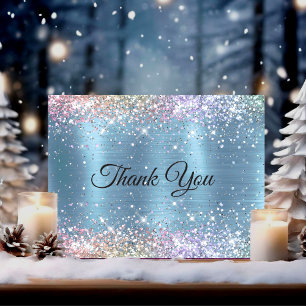 Carte De Remerciements Joli monogramme iridescent bleu glace faux paillet