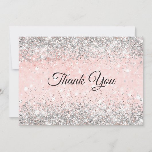 Carte De Remerciements Joli monogramme rose poudré faux paillettes argent (Devant)