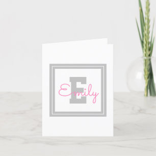 Carte De Remerciements Joli nom encadré & monogramme Gris clair & Rose