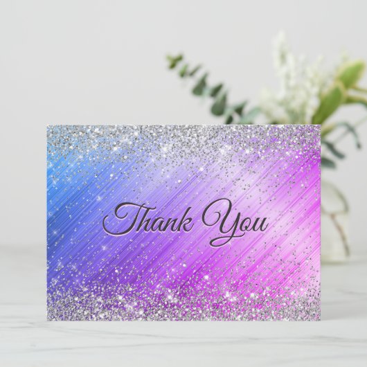 Carte De Remerciements Joli pailleté violet faux brillant argenté (Debout devant)