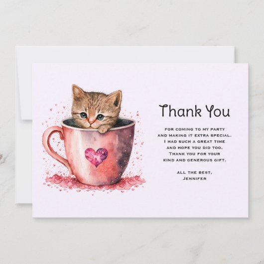 Carte De Remerciements Joli petit chaton dans une tasse à thé avec des cœ (Devant)