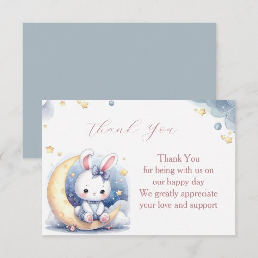 Carte De Remerciements Joli petit lapin blanc assis sur la lune (Devant / Derrière)