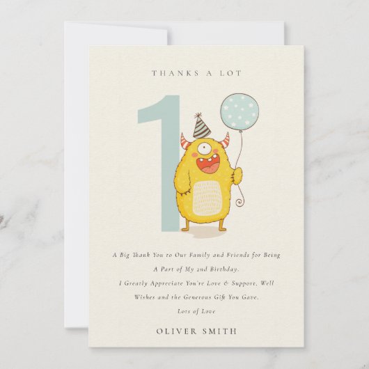 Carte De Remerciements Joli petit monstre aqua jaune pour tout âge d'anni (Devant)