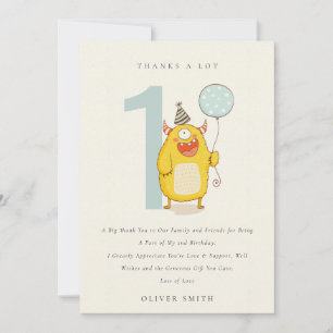 Carte De Remerciements Joli petit monstre aqua jaune pour tout âge d'anni