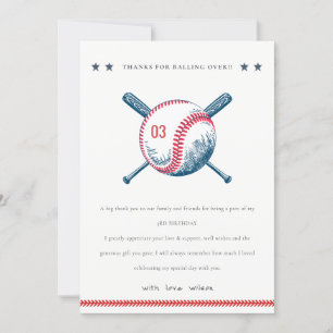 Carte De Remerciements Jolie Batte de Baseball Rouge Navy Étoile Annivers