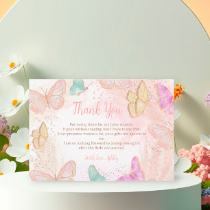 Carte De Remerciements Jolie fille rose un petit papillon baby shower chi