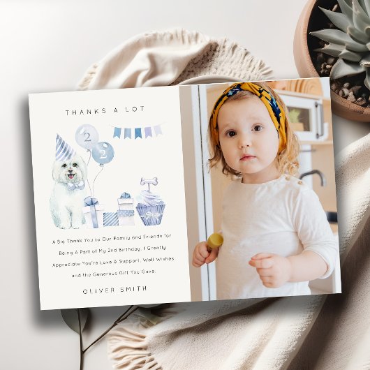 Carte De Remerciements Jolie photo de chien garçons bleu pour anniversair