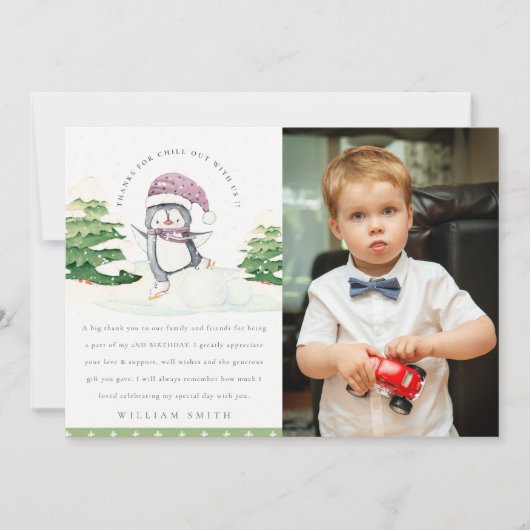 Carte De Remerciements Jolie Photo de Manchots en Hiver pour Enfants Anni (Devant)