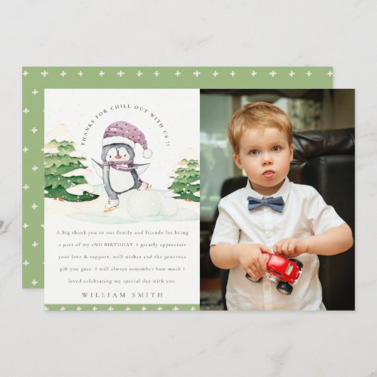 Carte De Remerciements Jolie Photo de Manchots en Hiver pour Enfants Anni (Devant / Derrière)