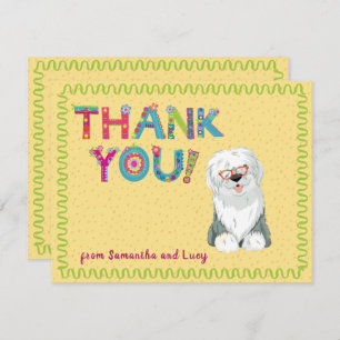 Carte De Remerciements Jolie vieille anglais Sheepdog Fun Floral Lettres