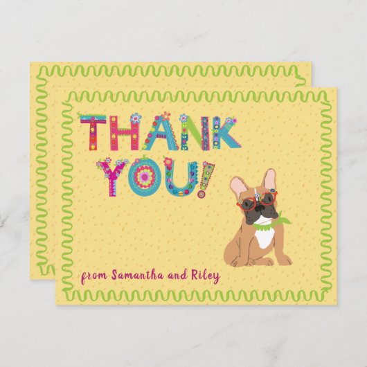 Carte De Remerciements Jolies lettres florales de Bulldog français (Devant / Derrière)