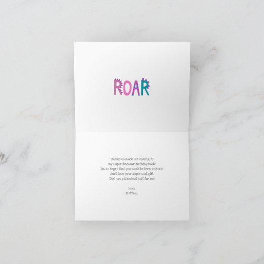 Carte De Remerciements Jolis Dinosaures Roses Mignons Anniversaire Fille (Intérieur)