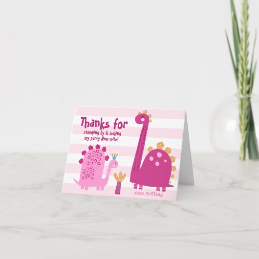 Carte De Remerciements Jolis Dinosaures Roses Mignons Anniversaire Fille (Devant)