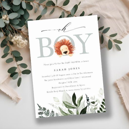 Carte De Remerciements Jote Boho Lion Foliage Oh Boy Baby shower Invitati