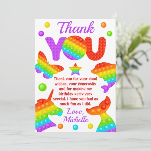 Carte De Remerciements Jouet Fidget Pop Arc-en-ciel pour fête d'anniversa (Debout devant)