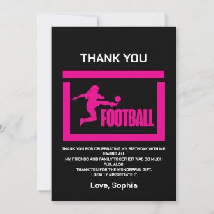 Carte De Remerciements Joueuse de football rose, Équipe fille d'anniversa