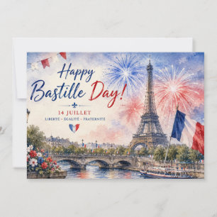 Carte De Remerciements Jour de la Bastille Tour Eiffel Seine feux d'artif