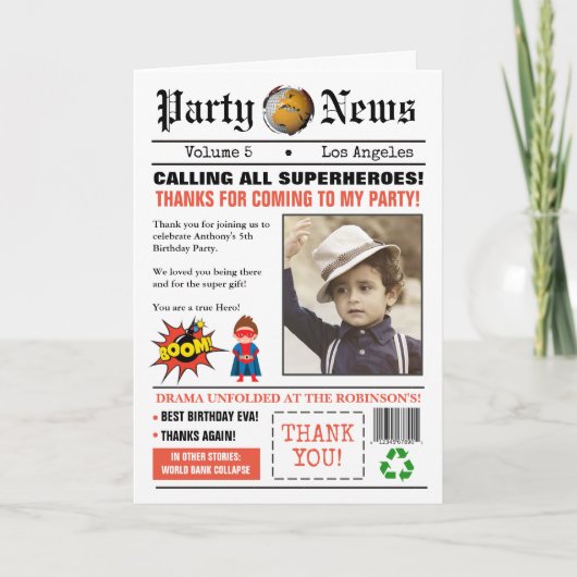 Carte De Remerciements Journal Superhero fête d'anniversaire Photo (Devant)