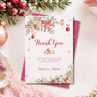 Carte De Remerciements Joyeuse petite fête de bébé Noël avec un nœud roug
