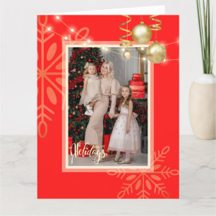Carte De Remerciements Joyeuses fêtes Noël, flocons d'or, rouge Tha