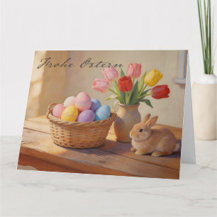 Carte De Remerciements Joyeuses Pâques avec des œufs colorés et des tulip