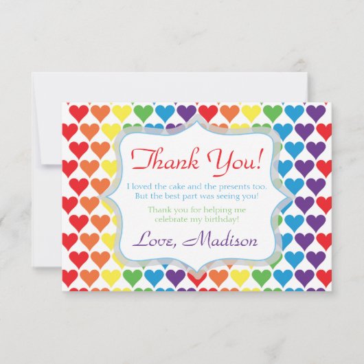 Carte De Remerciements Joyeux Anniversaire Cœurs Arc-en-Ciel (Devant)