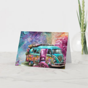 Carte De Remerciements Joyeux Anniversaire rouillé Combi van avec fleurs