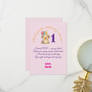 Carte De Remerciements Joyeux chiot, fête de fille pour 1er anniversaire,