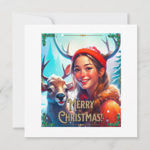 CARTE DE REMERCIEMENTS JOYEZ NOËL REINDEER AVEC HEUREUSE FILLE