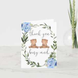 Carte De Remerciements Jumeaux bleu fleuri nounours verdure
