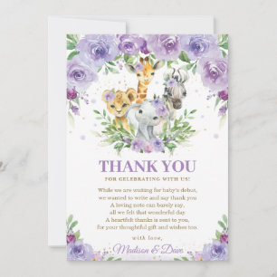 Carte De Remerciements Jungle Animal Safari Purple Floral Baby shower