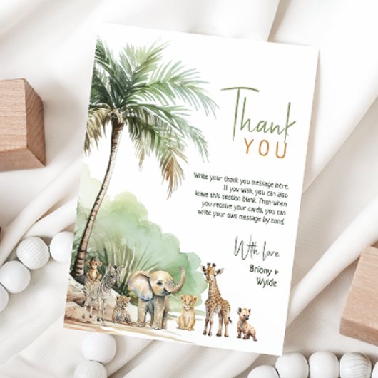 Carte De Remerciements Jungle Safari Animaux Baby shower vertical Plat