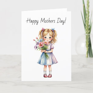 Carte De Remerciements Kawaii Petite fille avec Bouquet Aquarelle