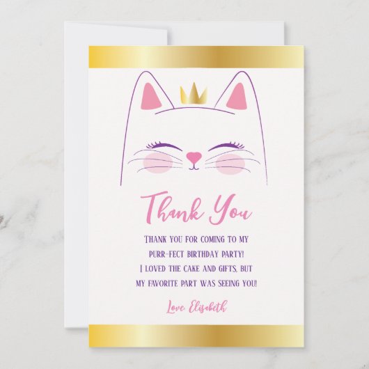Carte De Remerciements Kitty Chat rose et or fête d'anniversaire (Devant)