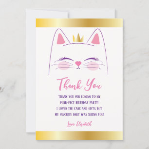Carte De Remerciements Kitty Chat rose et or fête d'anniversaire