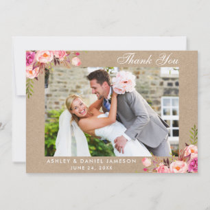 Carte De Remerciements Kraft Aquarelle rose Mariage