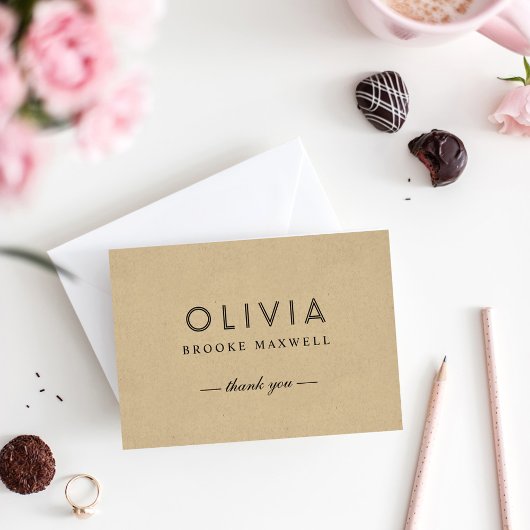 Carte De Remerciements Kraft moderne et monogramme noir