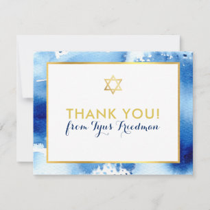 Carte De Remerciements La BARRE MITZVAH vous remercient aquarelle de bleu