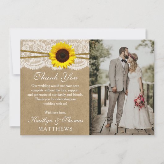 Carte De Remerciements La collection de mariage Kraft, Lace & Sunflower (Devant)