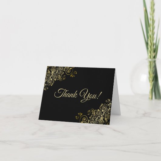 Carte De Remerciements Lacy Gold Frills Elegant Black Mariage Photo (Devant)