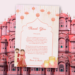 Carte De Remerciements Lanterne Lotus Rose Couple Indien Mariage