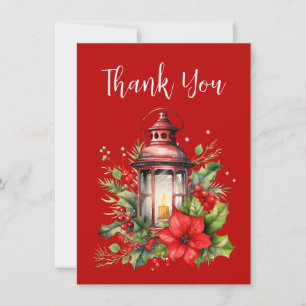 Carte De Remerciements Lanterne rouge de Noël Poinsettia et pin