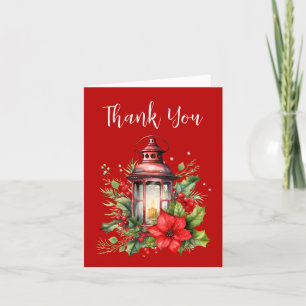 Carte De Remerciements Lanterne rouge de Noël Poinsettia et pin