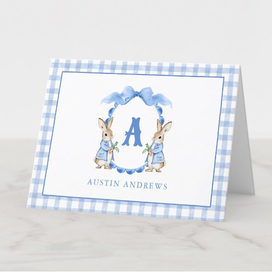 Carte De Remerciements Lapin Bleu En vichy Monogramme Crest