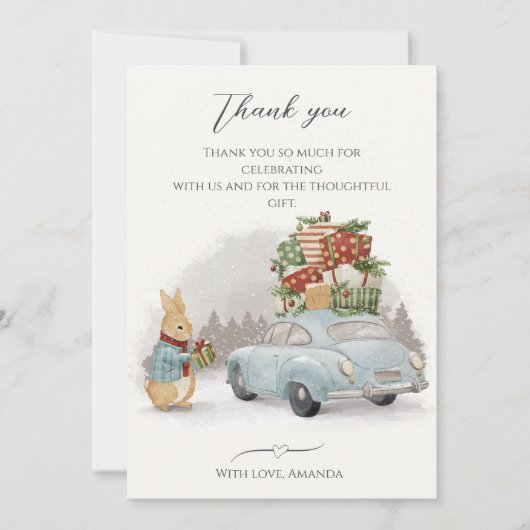 Carte De Remerciements Lapin de Noël Pierre et voiture (Devant)