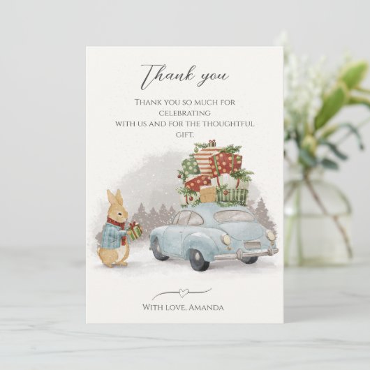Carte De Remerciements Lapin de Noël Pierre et voiture (Debout devant)