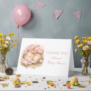 Carte De Remerciements Lapin Mignon aux Pivoines Rose Pale Bébé Fille