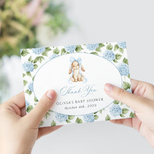 Carte De Remerciements Lapin Mignon, Nœud Bleu, Fleurs Bleues, Baby Showe