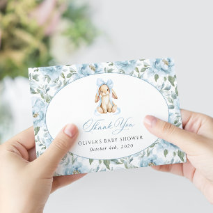 Carte De Remerciements Lapin Mignon, Nœud Bleu, Fleurs Bleues, Baby Showe