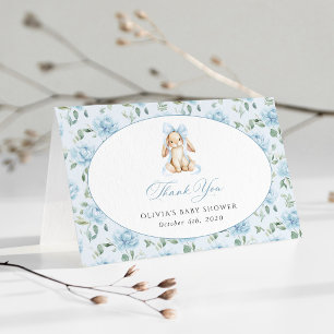 Carte De Remerciements Lapin Mignon, Nœud Bleu, Fleurs Bleues, Baby Showe